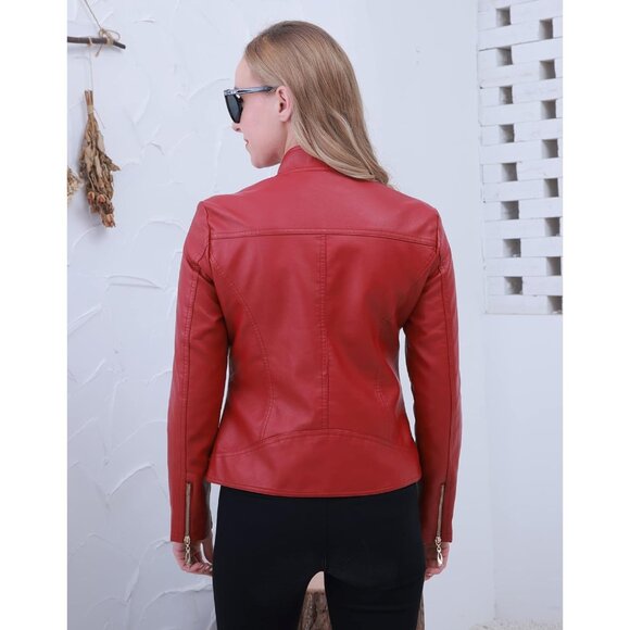 🆕 Women Red Trendy Faux Leather Jacket Moto Short Metal Zipper Fashion PU Coat - Picture 5 of 7